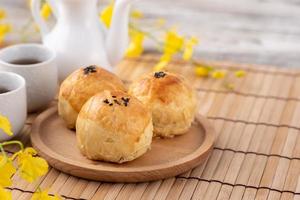 Moon cake yolk pastry, mooncake for Mid-Autumn Festival holiday, top view design concept on bright wooden table with copy space photo