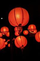 Beautiful round red lantern hanging on old traditional street, concept of Chinese lunar new year festival in Taiwan, close up. The undering word means blessing. photo