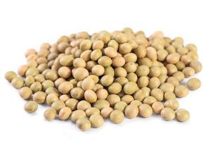 Yellow-green Taiwanese organic non-GMO soybeans, soy beans in a container isolated on white backgorund, close up, clipping path. photo