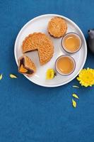 Moon cake for Mid-Autumn Festival, delicious beautiful fresh mooncake on a plate over blue background table, top view, flat lay layout design concept. photo