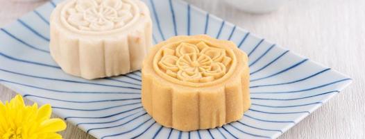 Colorful beautiful moon cake, mung bean cake, Champion Scholar Pastry cake for Mid-Autumn festival traditional gourmet dessert snack, close up. photo