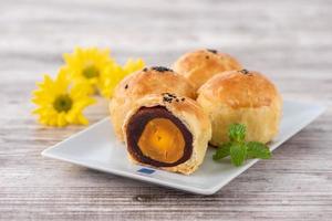 Moon cake yolk pastry, mooncake for Mid-Autumn Festival holiday, top view design concept on bright wooden table with copy space photo