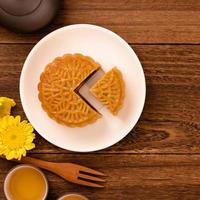 Moon cake for Mid-Autumn Festival, delicious beautiful fresh mooncake on a plate over dark wooden background table, top view, flat lay layout design concept. photo