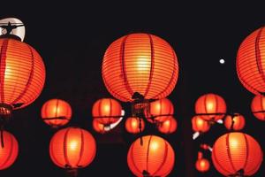 Beautiful round red lantern hanging on old traditional street, concept of Chinese lunar new year festival in Taiwan, close up. The undering word means blessing. photo