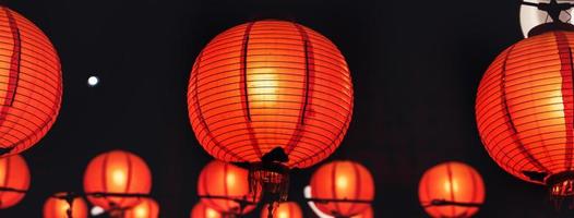 Beautiful round red lantern hanging on old traditional street, concept of Chinese lunar new year festival in Taiwan, close up. The undering word means blessing. photo