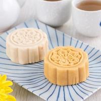 Colorful beautiful moon cake, mung bean cake, Champion Scholar Pastry cake for Mid-Autumn festival traditional gourmet dessert snack, close up. photo