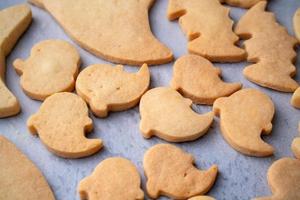 Close up of decorating cute Halloween cookies with frosting in icing bag. photo