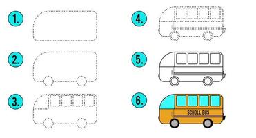 esquema de página para colorear y tutorial de dibujo. cómo dibujar un coche. autobús escolar para ser rastreado. juego de rastreo vectorial. paso a paso. Juego educativo punto a punto para niños. vector