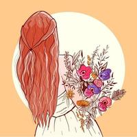 Illustration of a bride's backside holding a bouquet of bright flowers. Digital art of a redhead woman preparing for the wedding. Floral and summer vibes.