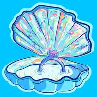 Opened seashell with nacre shine effect on the inside. Vector art of an engagement ring with a precious gem inside a blue clam. Pastel illustration for a wedding or honeymoon