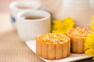 Tasty baked egg yolk pastry moon cake for Mid-Autumn Festival on bright wooden table background. Chinese festive food concept, close up, copy space. photo