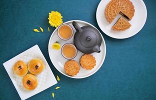 Moon cake for Mid-Autumn Festival, delicious beautiful fresh mooncake on a plate over blue background table, top view, flat lay layout design concept. photo