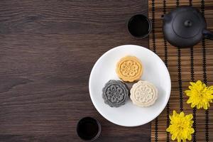 Colorful beautiful moon cake, mung bean cake, Champion Scholar Pastry cake for Mid-Autumn festival traditional gourmet dessert snack, top view, flat lay. photo