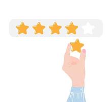 Hand of customer holding review star. Hand giving five star rating. Vote of clients for product flat vector illustration. Feedback, experience concept for banner, website design or landing web page