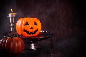 Close up of spooky Halloween tricks, horror festival decor. photo