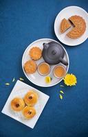 Moon cake for Mid-Autumn Festival, delicious beautiful fresh mooncake on a plate over blue background table, top view, flat lay layout design concept. photo