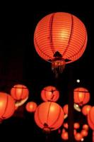 Beautiful round red lantern hanging on old traditional street, concept of Chinese lunar new year festival in Taiwan, close up. The undering word means blessing. photo