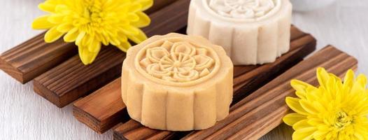 Colorful beautiful moon cake, mung bean cake, Champion Scholar Pastry cake for Mid-Autumn festival traditional gourmet dessert snack, close up. photo