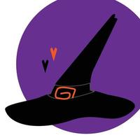 Witch hat on the background of a spot of purple color with elements in the shape of a heart. vector