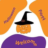 Pumpkin in witch hat on a background of colored spots with an inscription Halloween Party Welcome vector