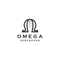 Omega symbol with surfboard shape logo icon design template  flat vector illustration