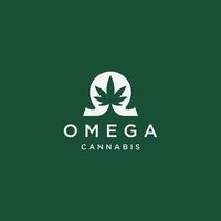 Omega symbol with cannabis leaf shape logo icon design template flat vector illustration