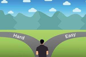 Man choosing a hard or easy working path. Man flat character design with green land and hills vector. Male character deciding what path to choose for his career on an open field vector. vector