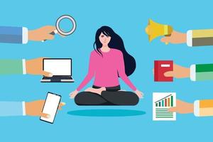Girl doing yoga and promoters trying to advertise her. Hands with a magnifying glass, microphone, laptop, mobile, and book vector. Girl flat character design in yoga position and men hands vector. vector
