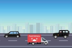 Cars running on the highway of an urban area vector. Tall buildings and cityscape background with vehicles running on the road. Food delivery concept with a van on a town road with buildings. vector