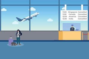 A female angry passenger standing inside the airport with her luggage and bag vector. Flight cancellation concept with an airplane and receptionist vector. Flat character design with an airplane. vector