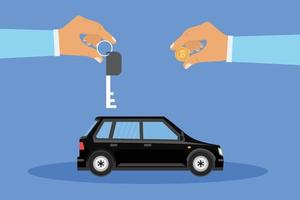 Buying a car with the bitcoin concept with a car key vector. Black car exchanging with bitcoin and two human hands illustration. Car buy and selling concept with cryptocurrency vector design.