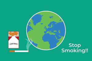 Stop smoking slogan with a pack of cigarettes and world map flat design. Ignited cigarette vector with the smoke and a globe illustration. Smoking awareness concept with cigarette packet vector.