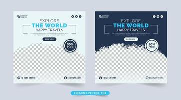 Dream vacation and tour planner agency social media banner. Holiday travel banner template with dark blue and white colors. Tour and travel social media post design. Touring business poster design. vector