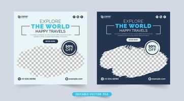 Travel agency social media post design with white and dark blue color. Touring group promotion poster vector. Tour and travel banner design for business advertisement. Vacation planner brochure vector