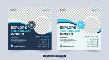 Travel agency flyer template for advertisement. Tour and travel social media posts with blue and white colors. Travel business poster template design. Vacation planner brochure for business promotion. vector