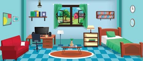 interior de la habitación dormitorio, salón de dibujos animados, dormitorio infantil con muebles. habitación juvenil con cama, habitación infantil o infantil con juguetes y cuadros. vector