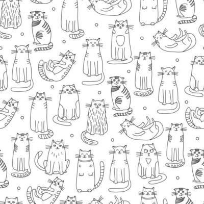 Seamless pattern with cats in doodle style. Hand drawn vector illustration on white background. Great for fabrics, wallpapers, wrapping papers, coloring books. Black outline.