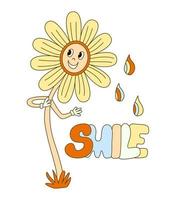 Hippie vibe poster with smiling daisy flower. Retro 70s  vector illustration. Groovy cartoon style. Smile hand draw lettering.