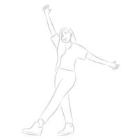 Sketch portrait of a cartoon cute girl who stands on one leg with her hands raised up, flat vector, isolate on a white background vector