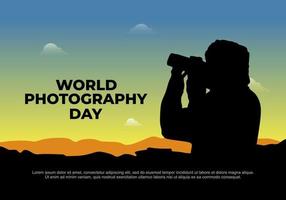 cartel del día mundial de la fotografía el 19 de agosto con un hombre disparando al atardecer. vector