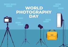 World photography day banner poster on august 19 with studio photo set on blue background. vector