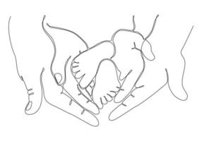 continuous line drawing of mother's hand with baby feet concept, maternity family, vector illustration