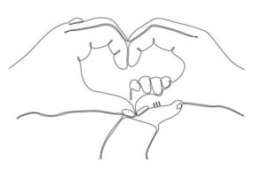 Continuous line art Baby holding little finger of adult hand together. One line design style.- vector illustration