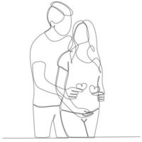 Pregnant girl and her husband. Couple family one continuous line drawing. Simple design vector illustration.