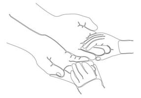 Continuous line art Baby holding little finger of adult hand together. One line design style.- vector illustration