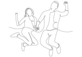 happy jumping couple continuous line drawing vector