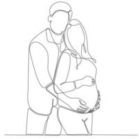 Pregnant girl and her husband. Couple family one continuous line drawing. Simple design vector illustration.