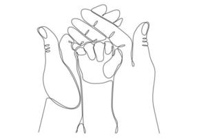 Continuous line art Baby holding little finger of adult hand together. One line design style.- vector illustration