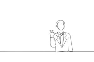 Cartoon of Asian businessman showing mini heart or heart shaped hands gesture blank copy space. Continuous line art vector