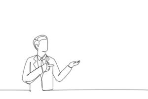 Cartoon of happy confident businessman showing presentation, pointing paper placard. Single continuous line art style vector